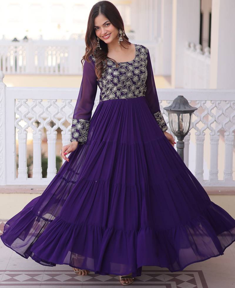Stunning Purple Sequins Georgette Function Wear Gown