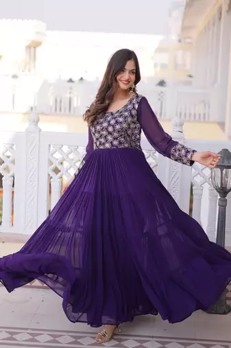 Stunning Purple Sequins Georgette Function Wear Gown
