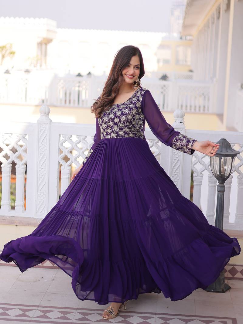 Stunning Purple Sequins Georgette Function Wear Gown