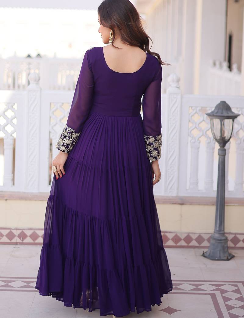 Stunning Purple Sequins Georgette Function Wear Gown