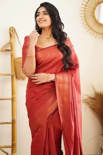 Red soft silk blend banarasi jacuard work designer party wear saree with unstitched blouse piece