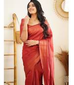 Red silk blend banarasi saree with unstitched blouse piece