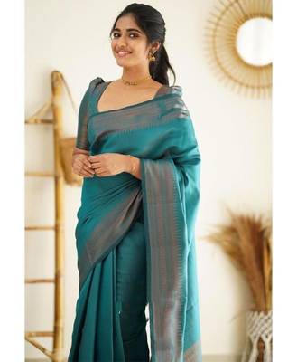 Sea green silk blend banarasi saree with unstitched blouse piece 1