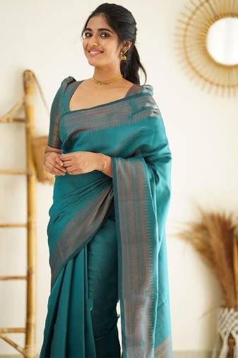 Sea green soft silk blend banarasi jacuard work designer party wear saree with unstitched blouse piece