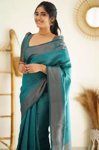 Sea green soft silk blend banarasi jacuard work designer party wear saree with unstitched blouse piece