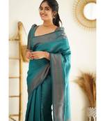 Sea green silk blend banarasi saree with unstitched blouse piece