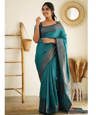 Sea green silk blend banarasi saree with unstitched blouse piece 2