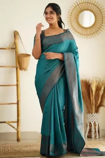 Sea green silk blend banarasi saree with unstitched blouse piece