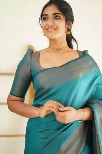 Sea green silk blend banarasi saree with unstitched blouse piece