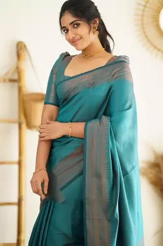 Sea green silk blend banarasi saree with unstitched blouse piece