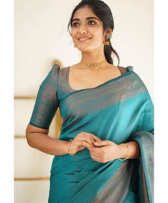 Sea green silk blend banarasi saree with unstitched blouse piece 5