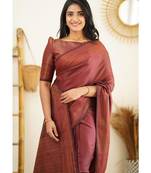 Maroon silk blend banarasi saree with unstitched blouse piece