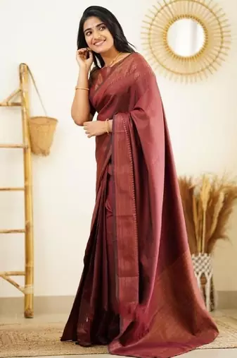 Maroon silk blend banarasi saree with unstitched blouse piece