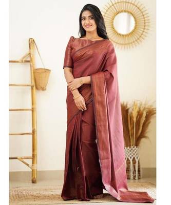 Maroon silk blend banarasi saree with unstitched blouse piece 3
