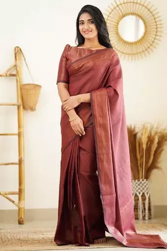 Maroon silk blend banarasi saree with unstitched blouse piece