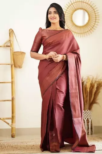 Maroon silk blend banarasi saree with unstitched blouse piece