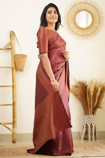 Maroon silk blend banarasi saree with unstitched blouse piece