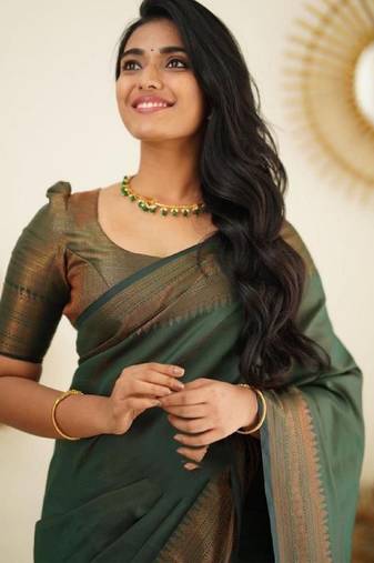 Green soft silk blend banarasi jacuard work designer party wear saree with unstitched blouse piece