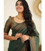 Green soft silk blend banarasi jacuard work designer party wear saree with unstitched blouse piece