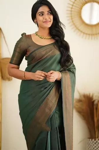 Green silk blend banarasi saree with unstitched blouse piece
