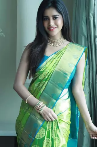 Green turuoise soft silk blend banarasi jacuard work designer party wear saree with unstitched blouse piece