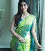 Green turuoise silk blend banarasi saree with unstitched blouse piece