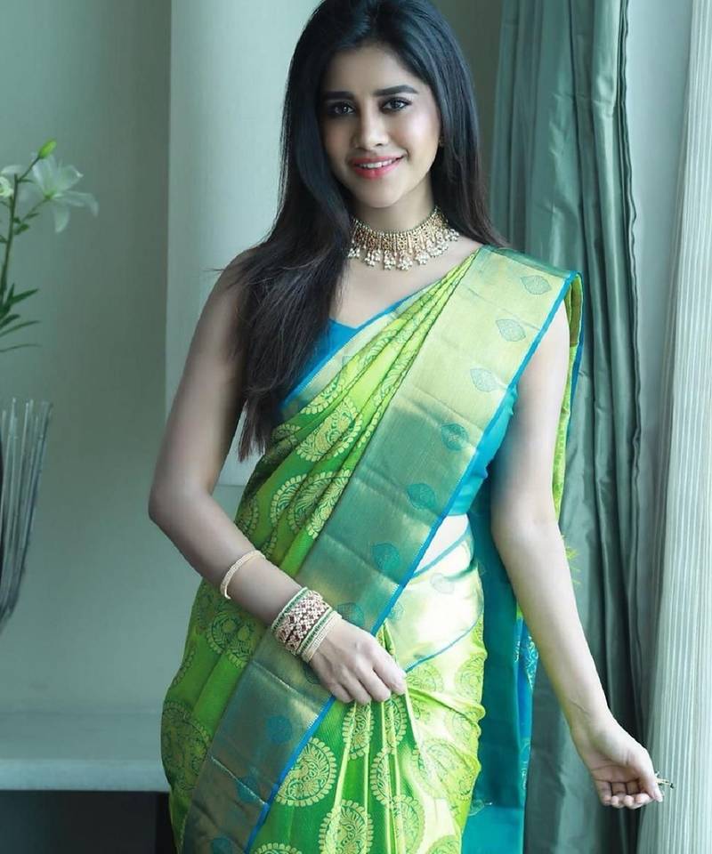 Green turuoise soft silk blend banarasi jacuard work designer party wear saree with unstitched blouse piece