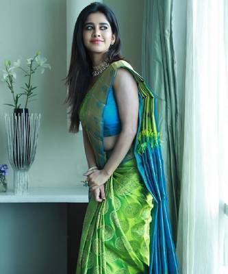 Green turuoise silk blend banarasi saree with unstitched blouse piece 3