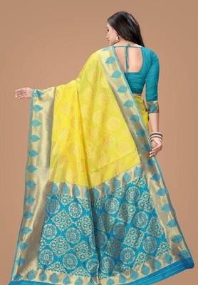 Yellow turuoise silk blend banarasi saree with unstitched blouse piece 2