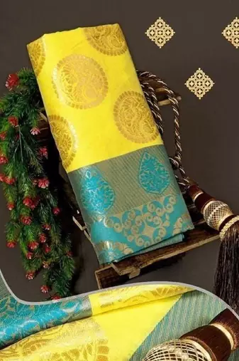 Yellow turuoise silk blend banarasi saree with unstitched blouse piece