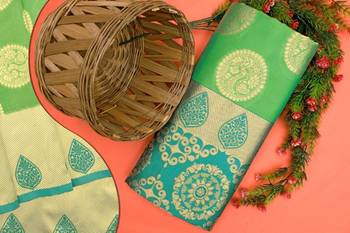 Green turuoise silk blend banarasi saree with unstitched blouse piece 1