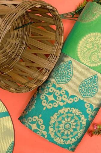 Green   turuoise soft silk blend banarasi jacuard work designer party wear saree with unstitched blouse piece