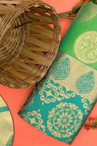 Green   turuoise soft silk blend banarasi jacuard work designer party wear saree with unstitched blouse piece