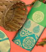 Green turuoise silk blend banarasi saree with unstitched blouse piece