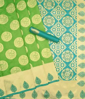 Green turuoise silk blend banarasi saree with unstitched blouse piece 3