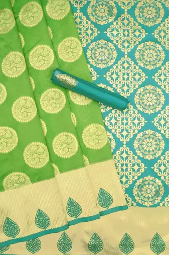 Green turuoise silk blend banarasi saree with unstitched blouse piece
