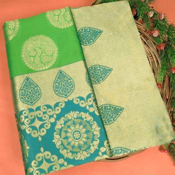 Green turuoise silk blend banarasi saree with unstitched blouse piece 4