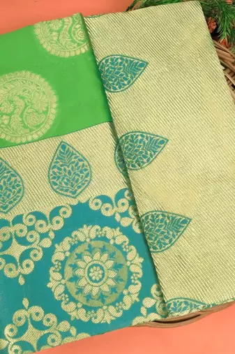 Green turuoise silk blend banarasi saree with unstitched blouse piece