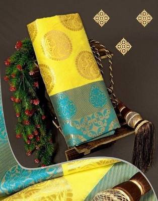 Yellow turuoise silk blend banarasi saree with unstitched blouse piece 1