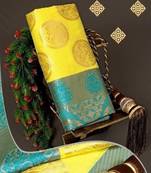 Yellow turuoise silk blend banarasi saree with unstitched blouse piece