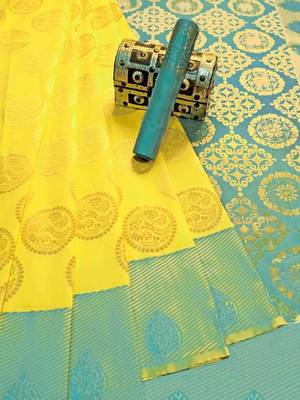 Yellow turuoise silk blend banarasi saree with unstitched blouse piece 3