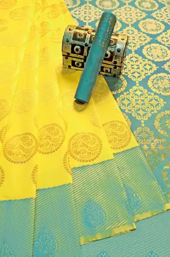 Yellow turuoise silk blend banarasi saree with unstitched blouse piece