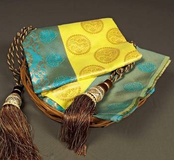 Yellow turuoise silk blend banarasi saree with unstitched blouse piece 4