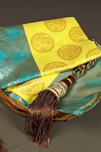 Yellow turuoise silk blend banarasi saree with unstitched blouse piece