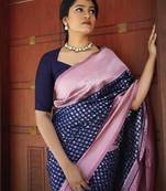 Blue silk blend banarasi saree with unstitched blouse piece