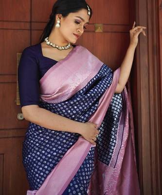 Blue silk blend banarasi saree with unstitched blouse piece 2
