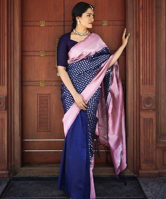 Blue silk blend banarasi saree with unstitched blouse piece 3