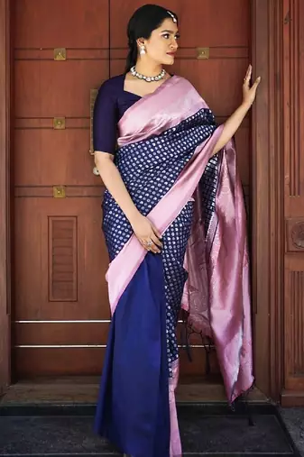 Blue silk blend banarasi saree with unstitched blouse piece