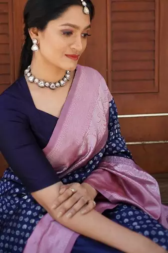 Blue silk blend banarasi saree with unstitched blouse piece