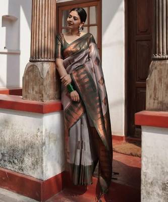 Grey green silk blend banarasi saree with unstitched blouse piece 1
